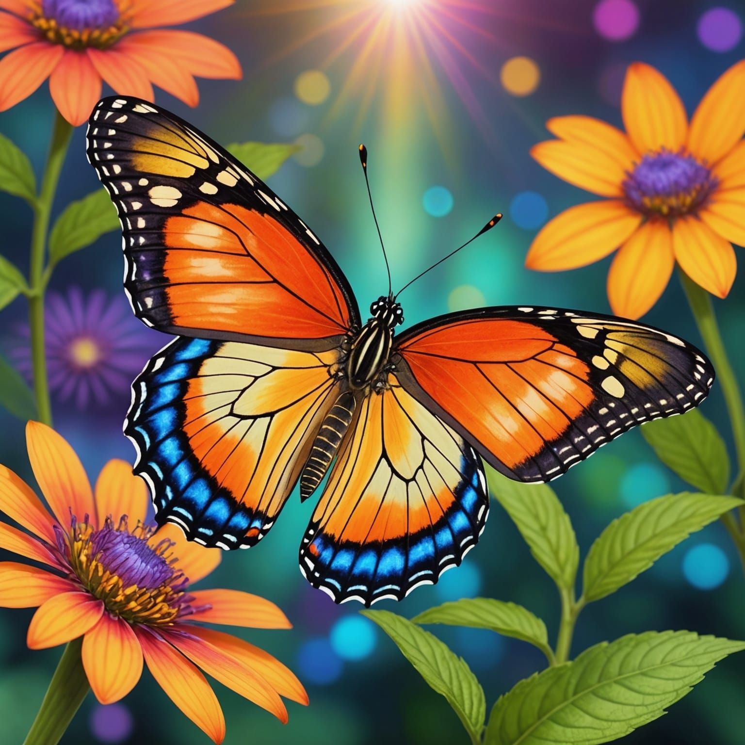 Butterfly Nectar Close-Up in Dreamy Stained Glass Style