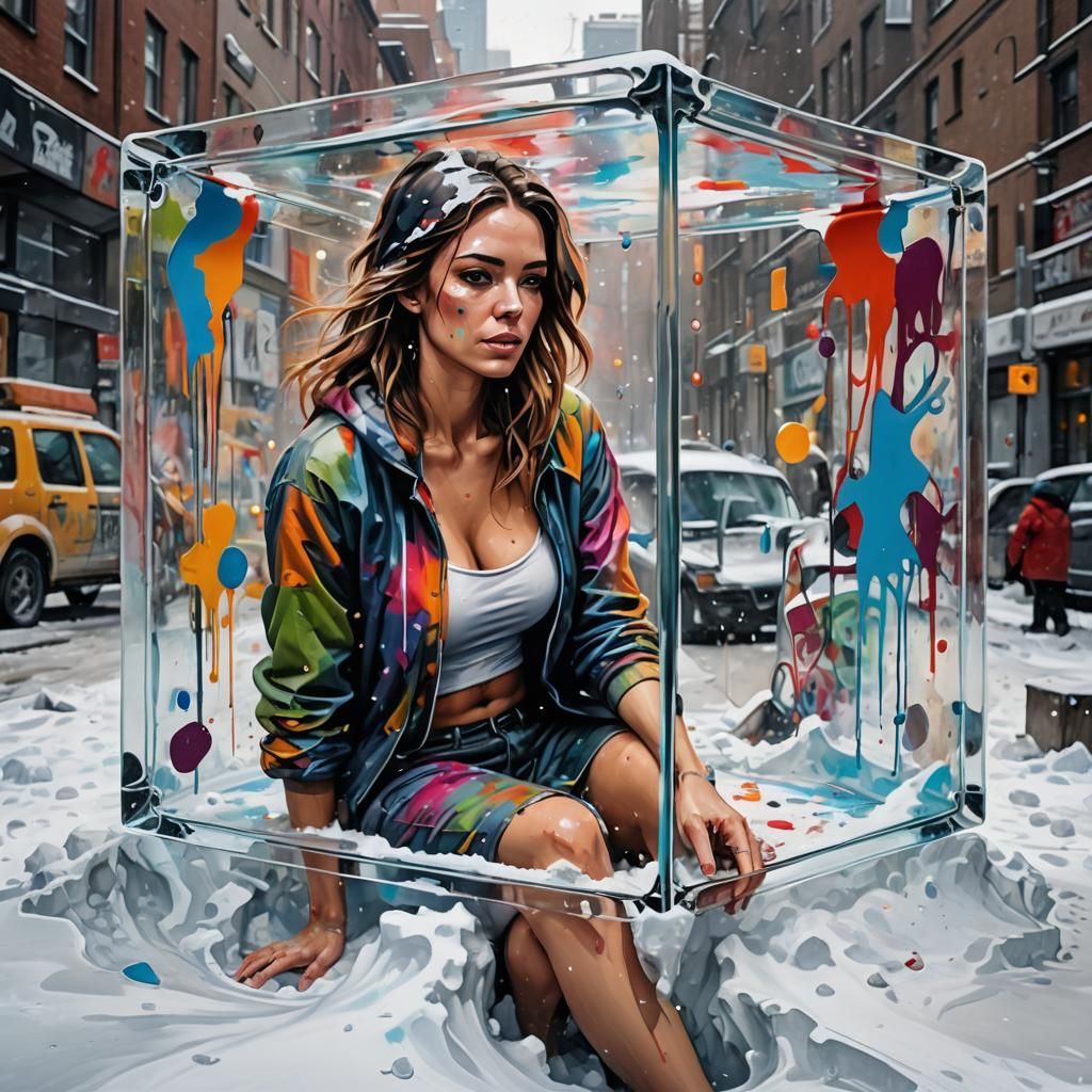 Woman in Glass Cube: Graffiti Splash Art
