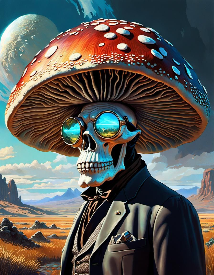 Holographic Figure in Retrowave Mushroom Refuge