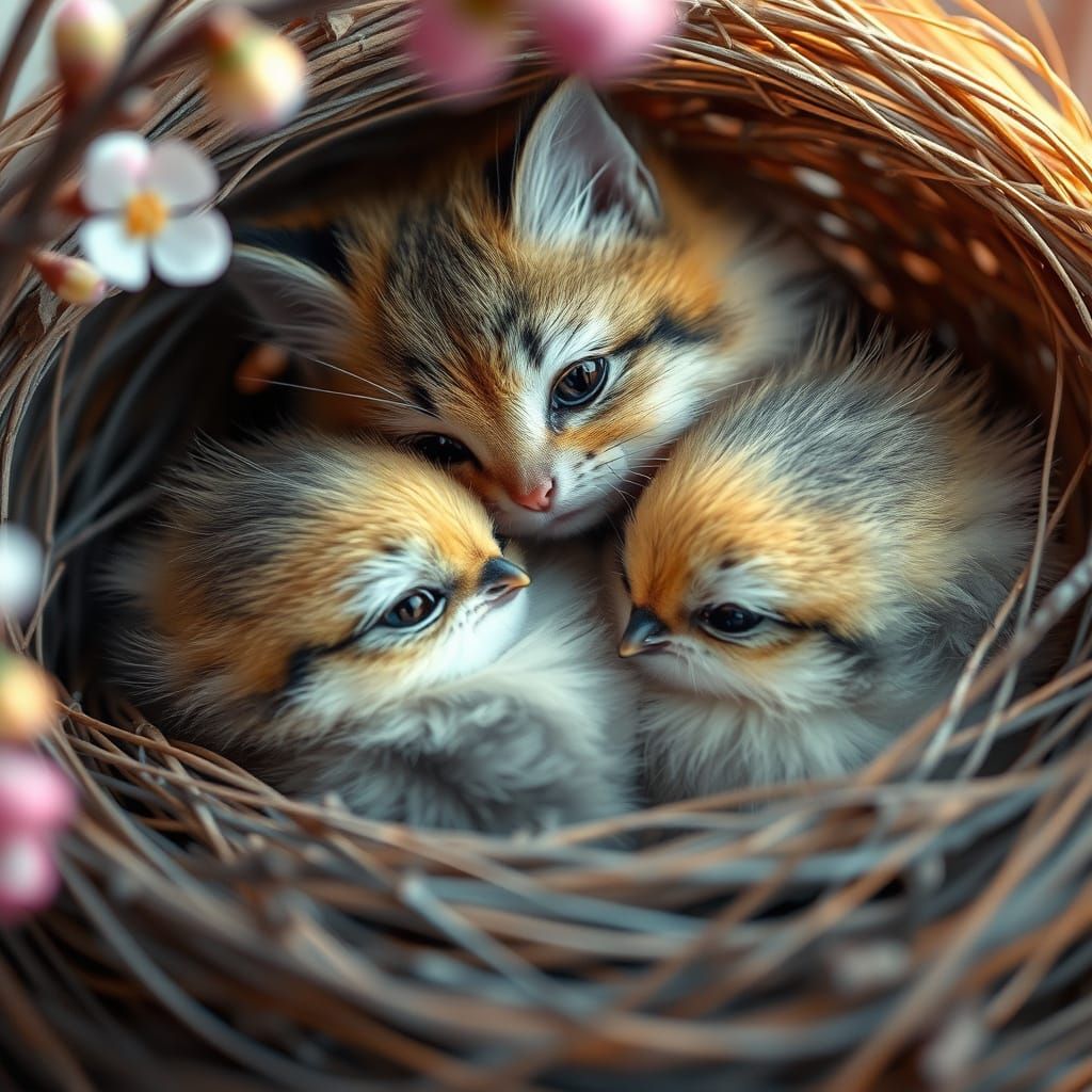 Springtime Birds in Whimsical Abstract Nest Scene