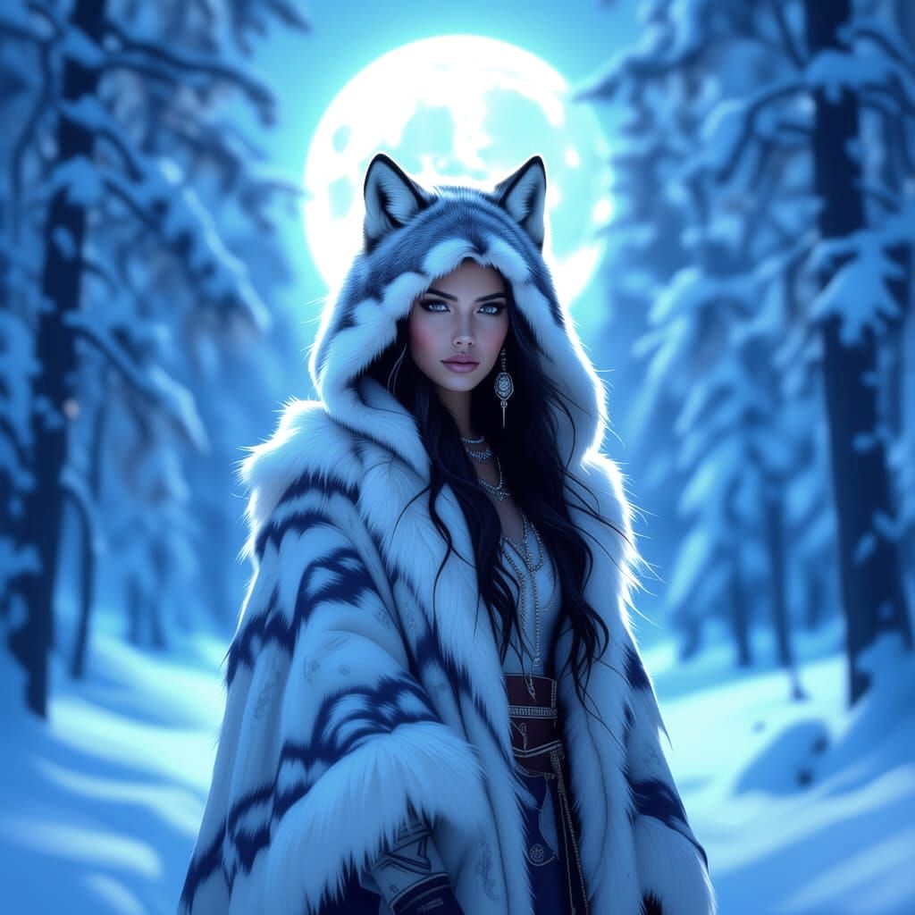 A woman in traditional Native American clothing, adorned wit...