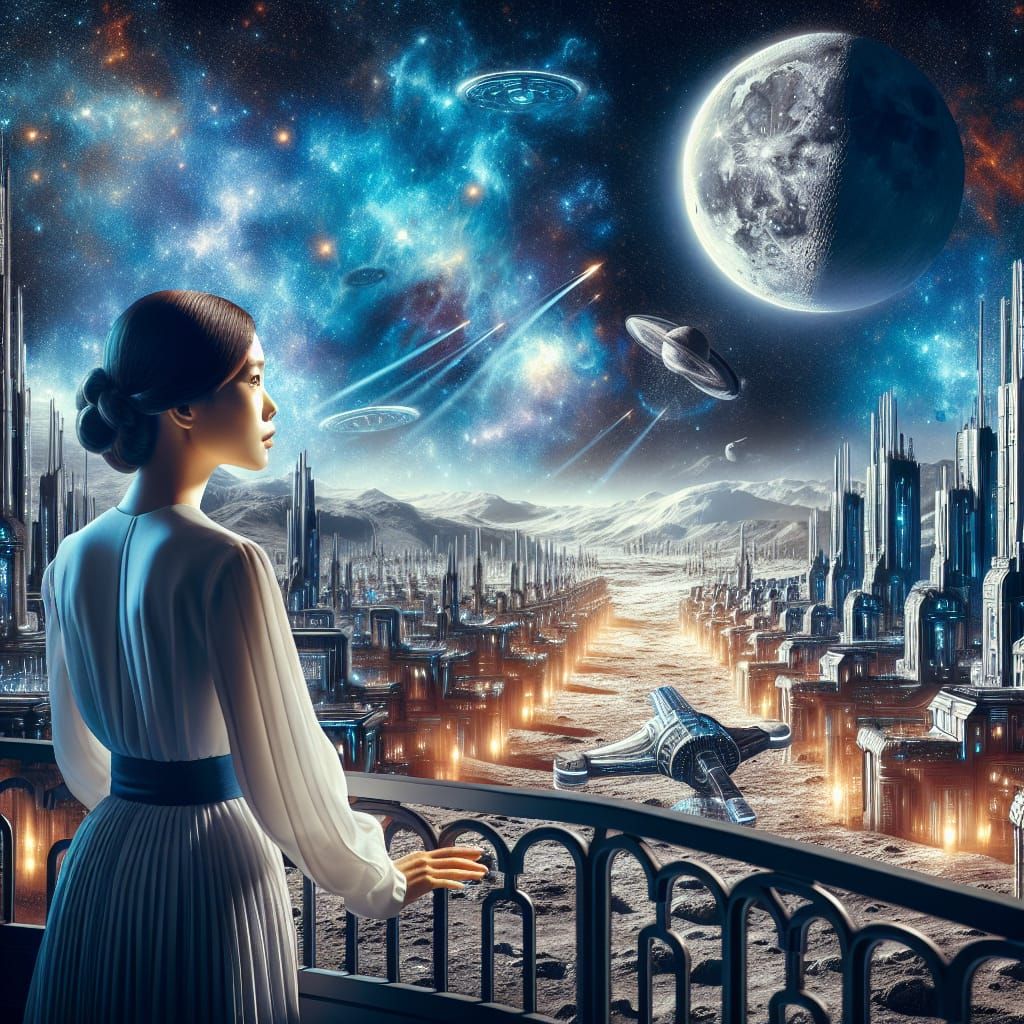 Futuristic Woman on Lunar Balcony Gazing at Starry Sky