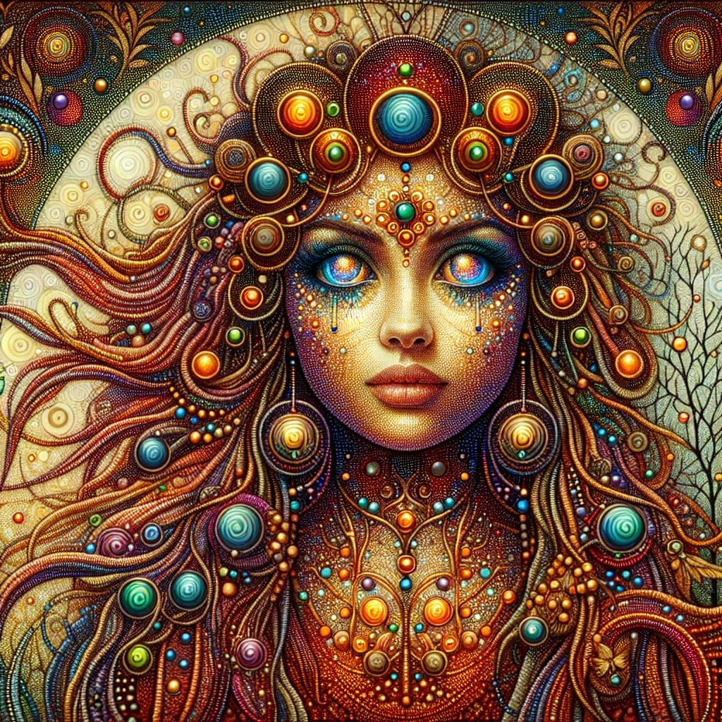 Fantasy Woman in Pointillist Enchanted Forest