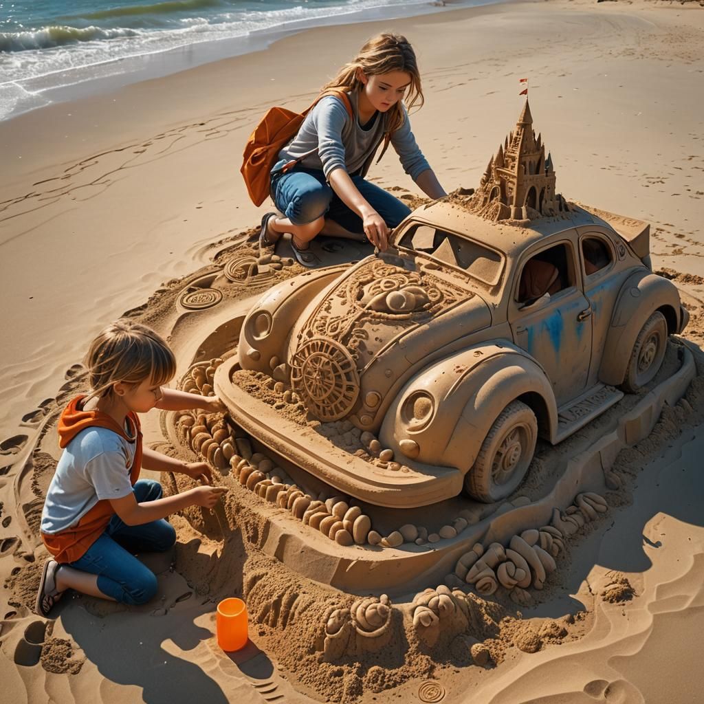 Children Crafting Sand Sculpture: Fantasy Oil Painting