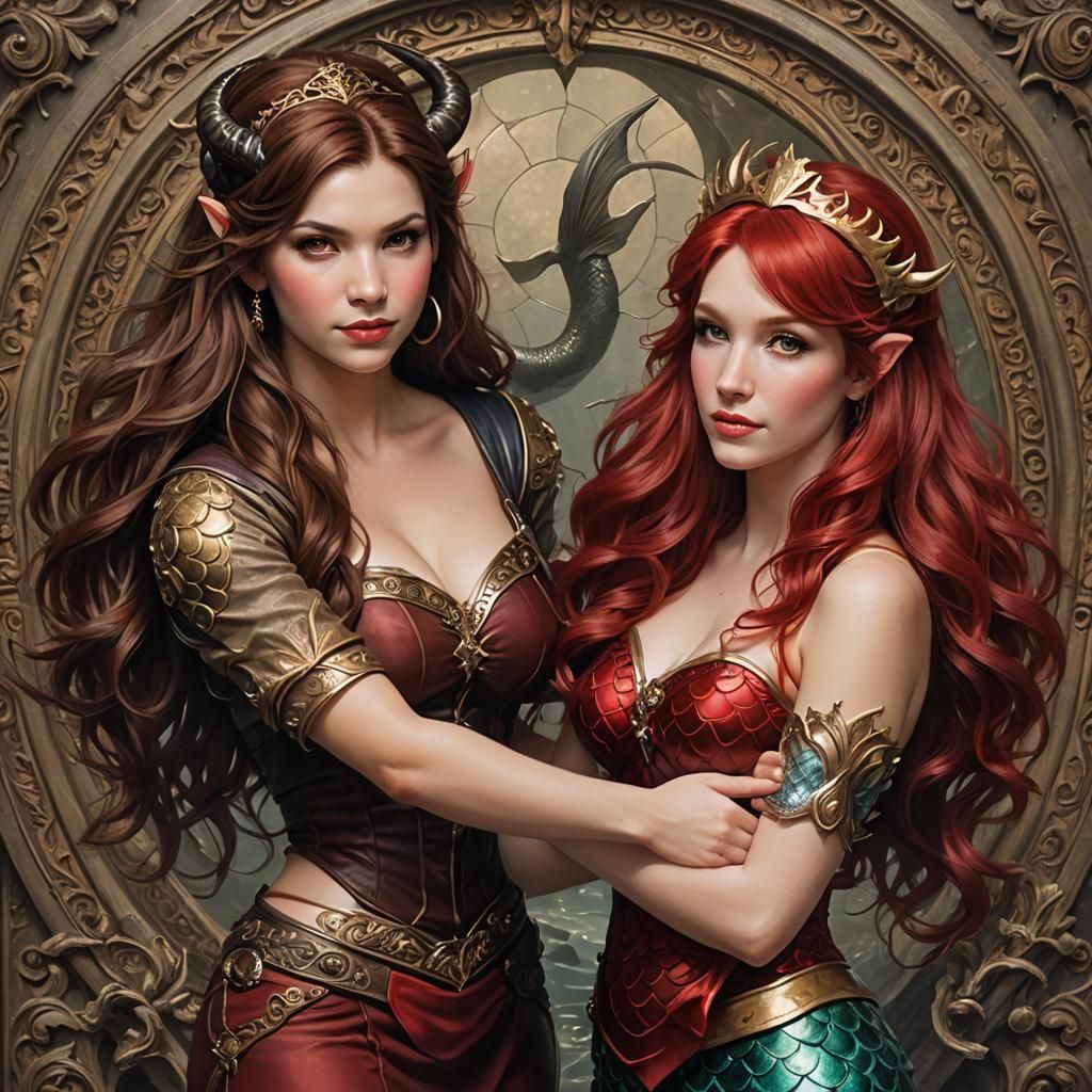 Loving Tiefling and Mermaid in Romantic Gothic Style