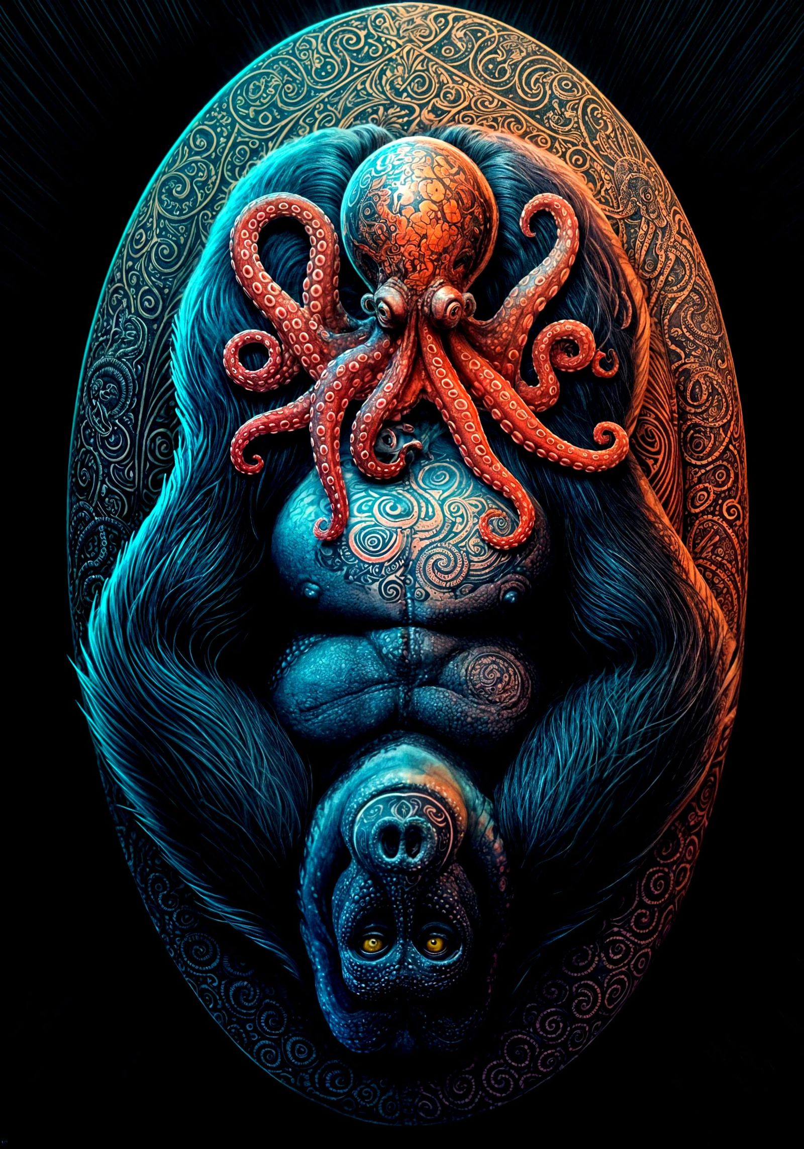 Octopus Tattooing Gorilla in Cartoon Style