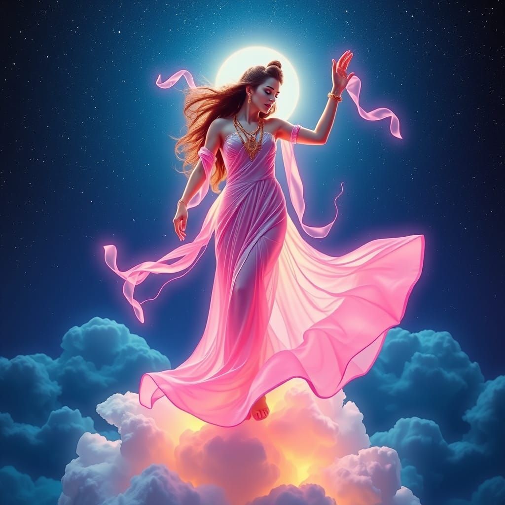 Woman Dancing on Cloud with Vishnu in Starry Sky