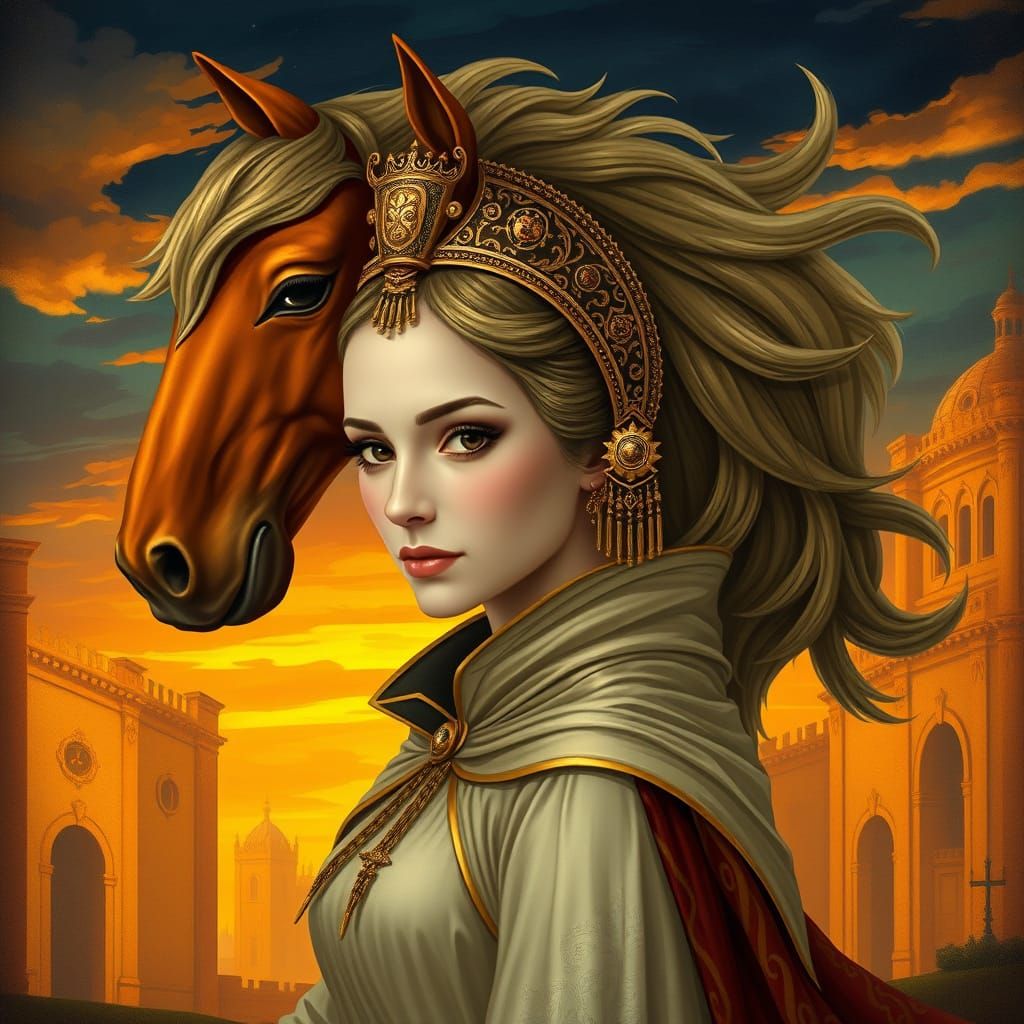 Regal Horsewoman in Sunset with Renaissance and Art Nouveau ...