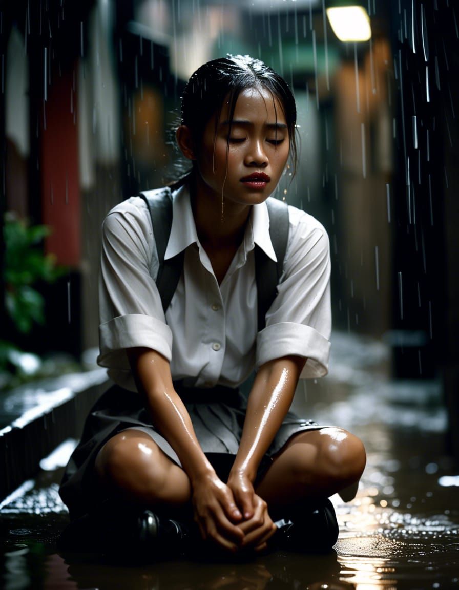 Indonesian Girl in Rainy Alleyway: Cinematic Still