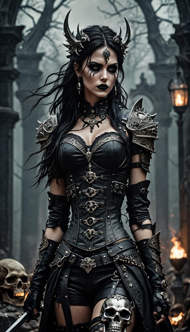 Grunge style female goth warrior with weapon