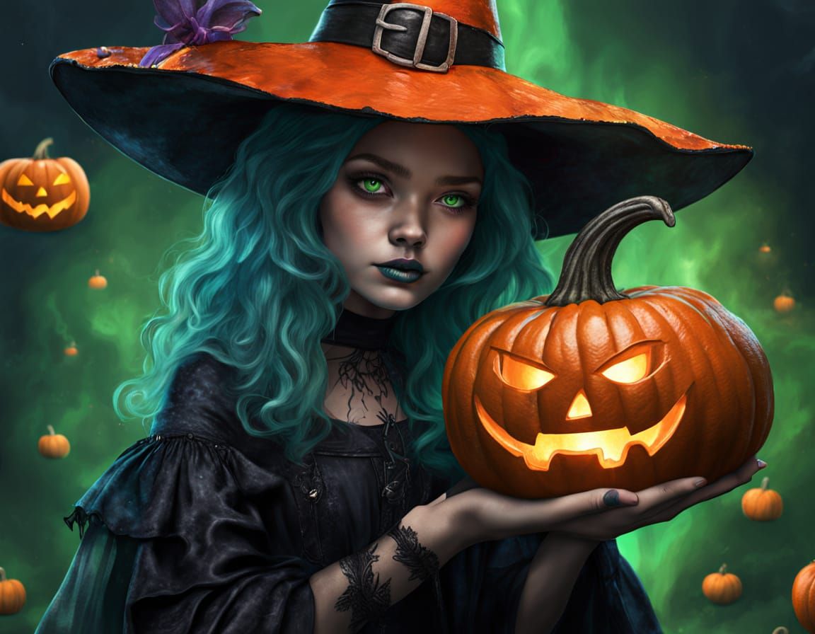 Two Cute Witches Casting Spells Over Pumpkin Cauldron