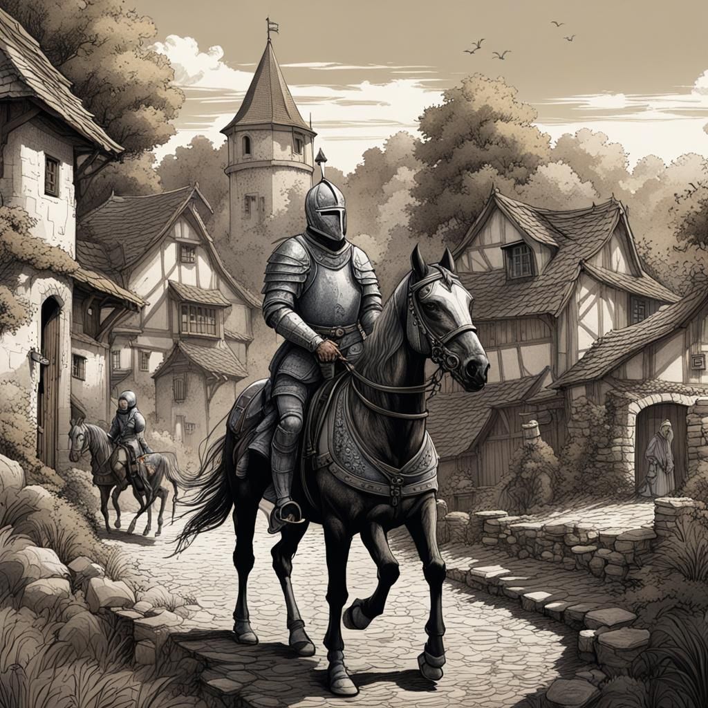 Knight Leading Horse Through Village: Pen and Ink