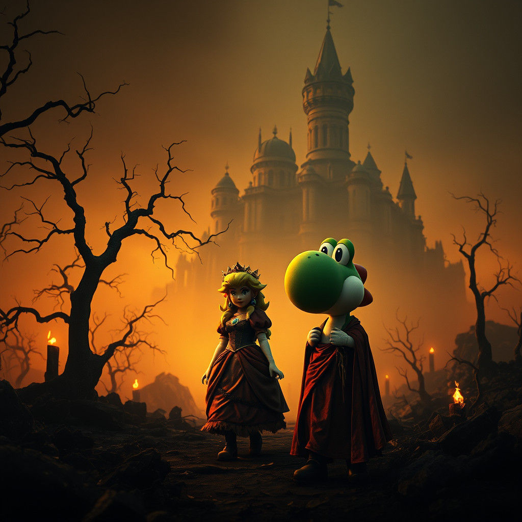 Princess Peach and Yoshi in Post-Apocalyptic Dark Fantasy