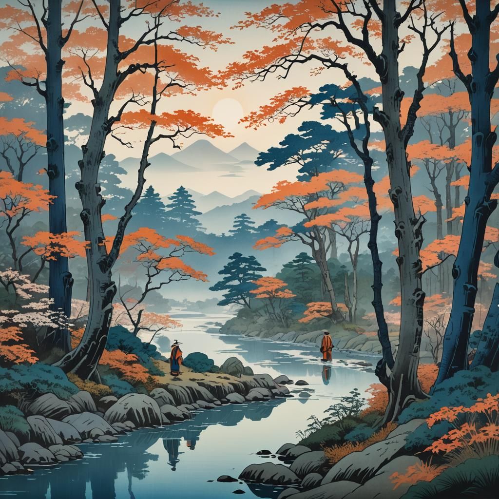 Misty Forest Landscape in Ukiyo-e Style