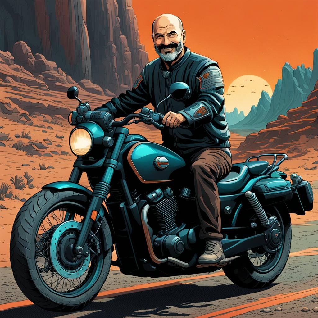 Smiling Man on Motorcycle in Fantasy Art Style