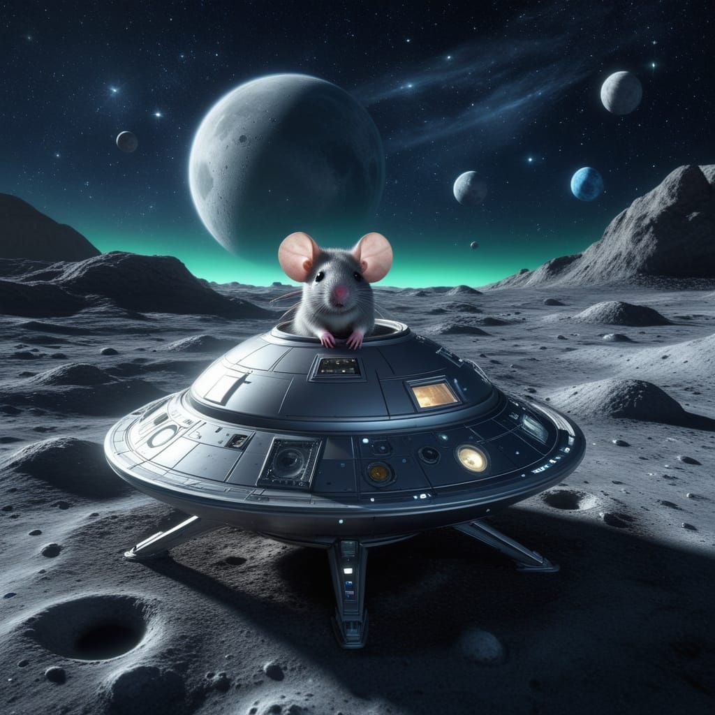 Hyperrealistic Chibi Mouse in UFO on Moon