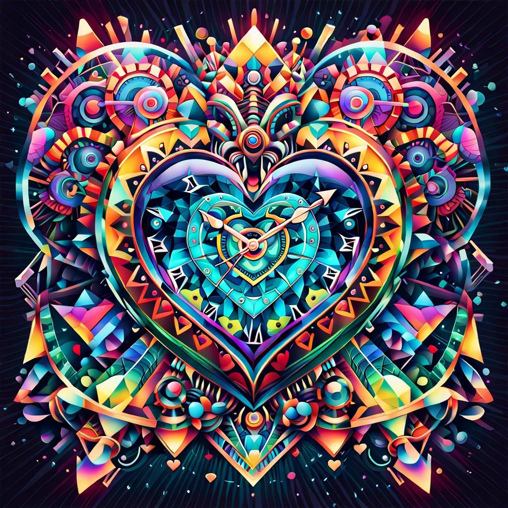 Vibrant Geometric Heart in Trippy Clockpunk Style