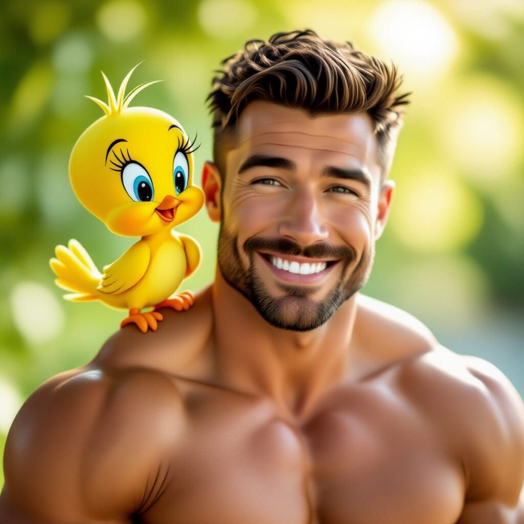 Muscular Man and Tweety Bird in Cheerful Outdoor Scene