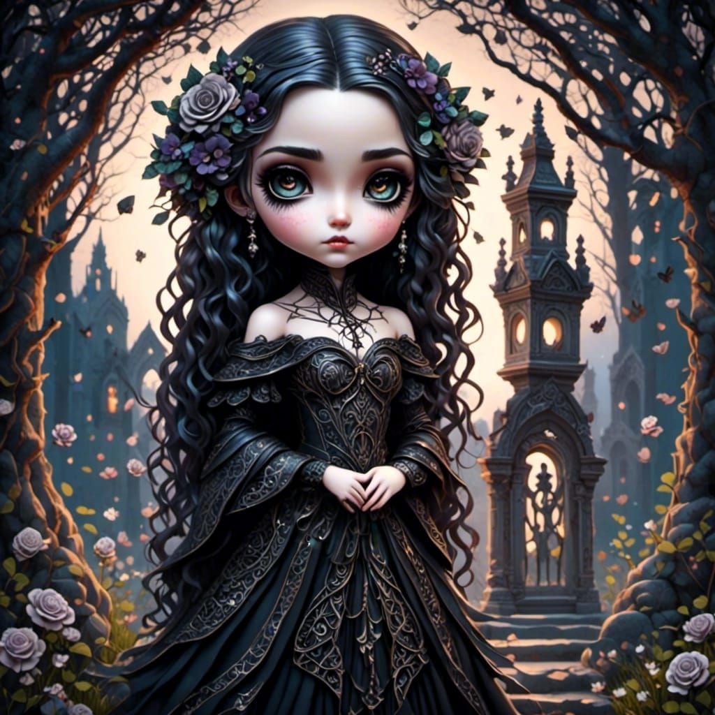 Chibi Goddess of Death in Gothic Cemetery