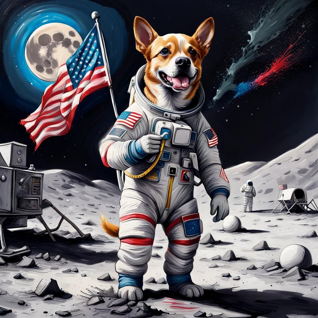 Astronaut Dog on the Moon in Graffiti Style