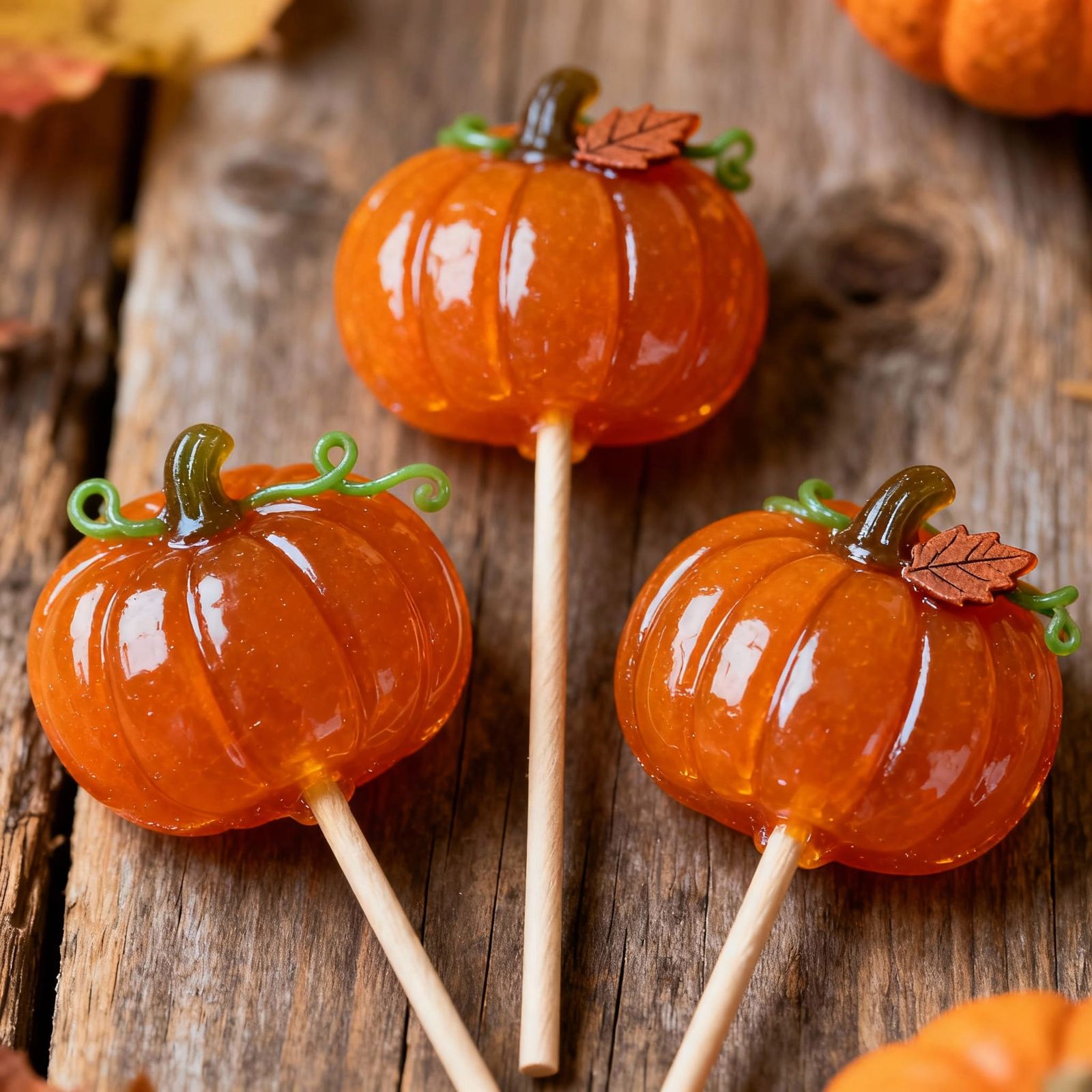 Vibrant Pumpkin Lollipops on Rustic Wood