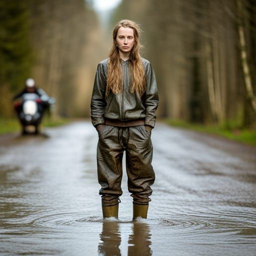 Mud-Covered Girl in Tracksuit and Boots