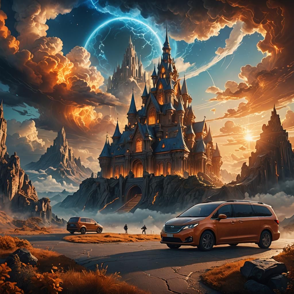 Minivan in Ethereal Fantasy Landscape