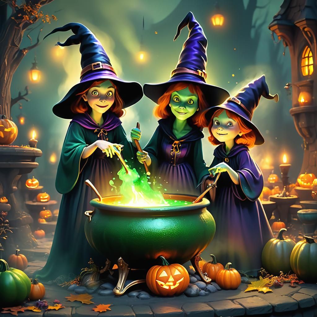 Witches Brewing Potion in Pixar-Style 3D Illustration