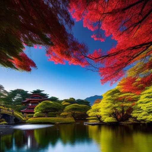 Japanese Landscape with Cherry Blossoms and Reflections