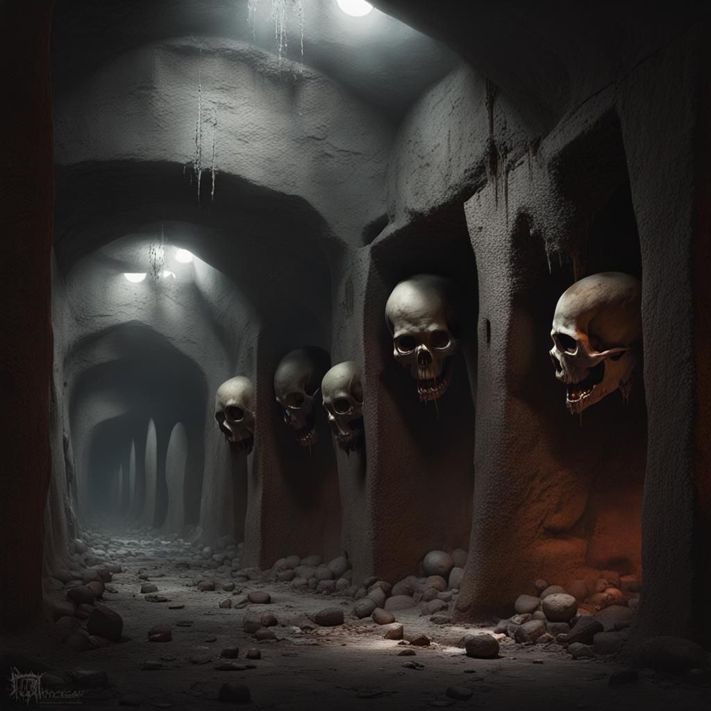 Sinister Underground Corridor with Skulls