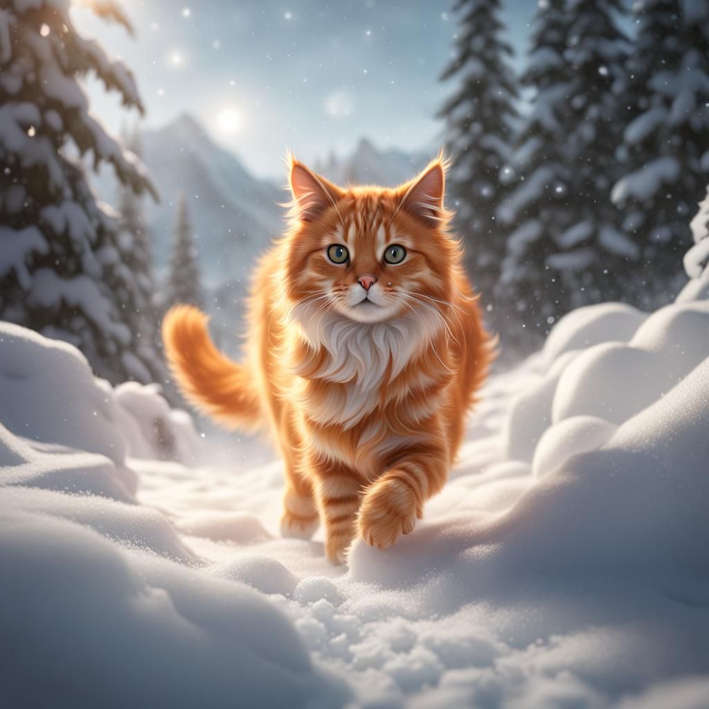 Orange Cat Paw Prints in Snow, Digital Art