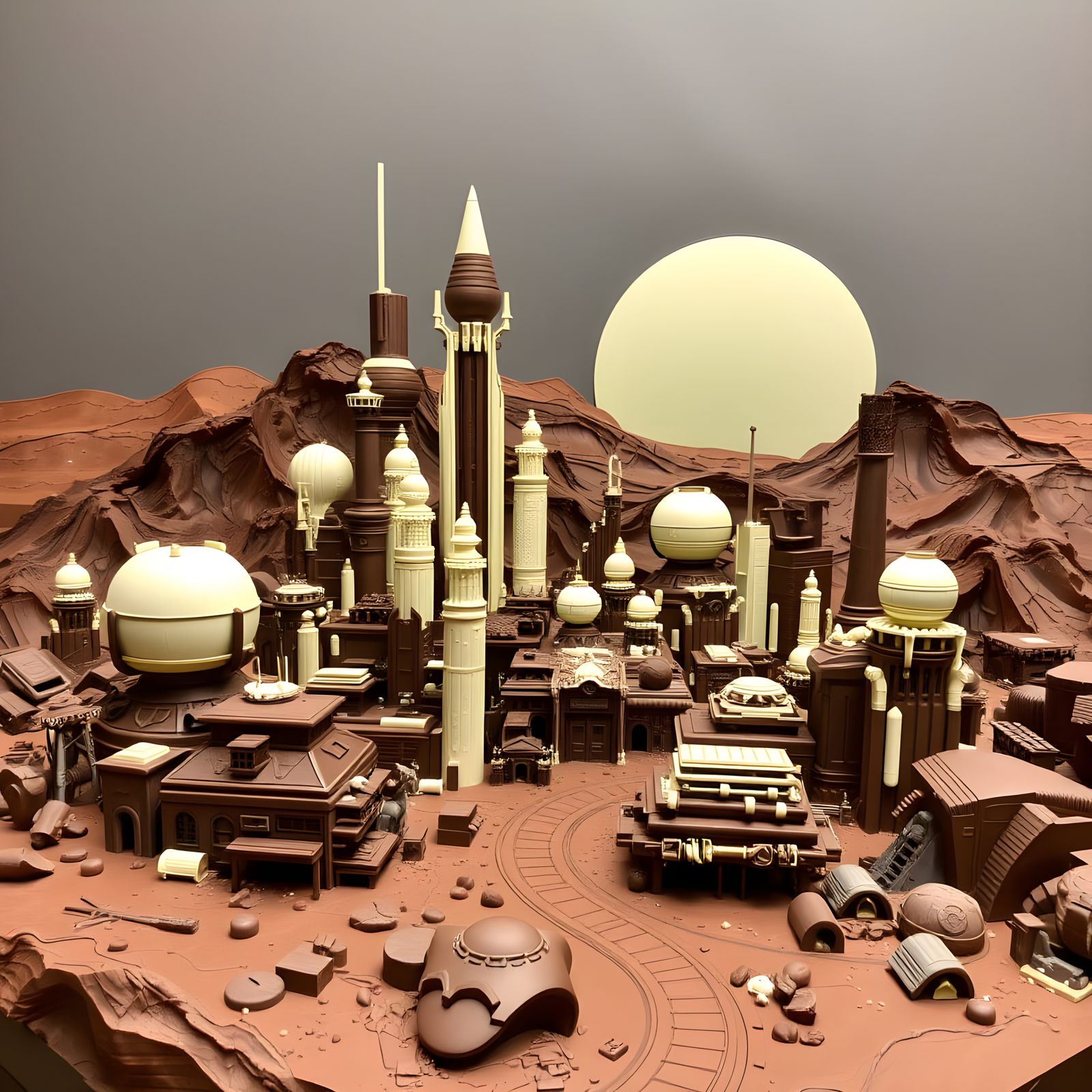Chocolate Cityscape on Mars: A Detailed Sculpture