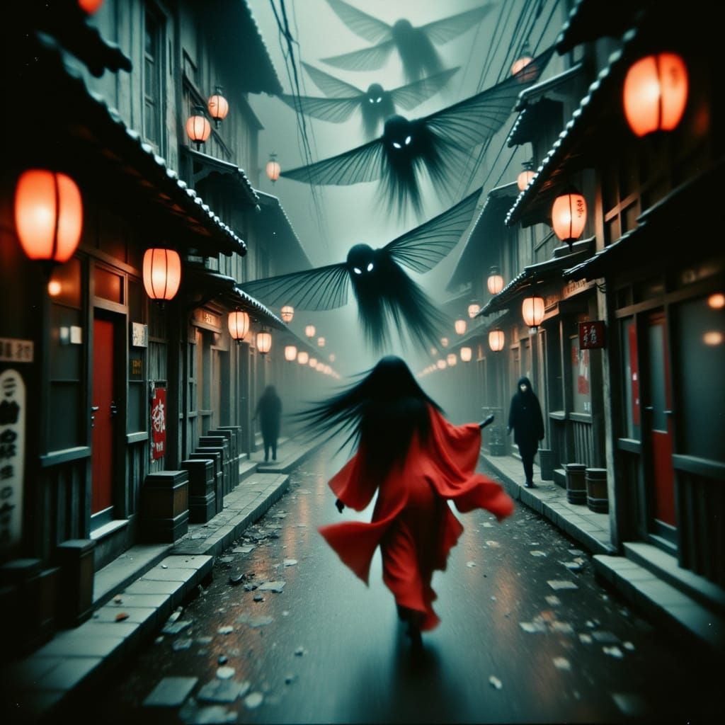 Ethereal Yokai Pursues Young Woman in Dreamlike Spiral Stree...