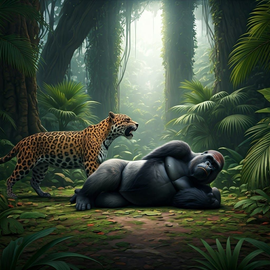 Jaguar's Triumph: Gorilla Defeated in Jungle Scene