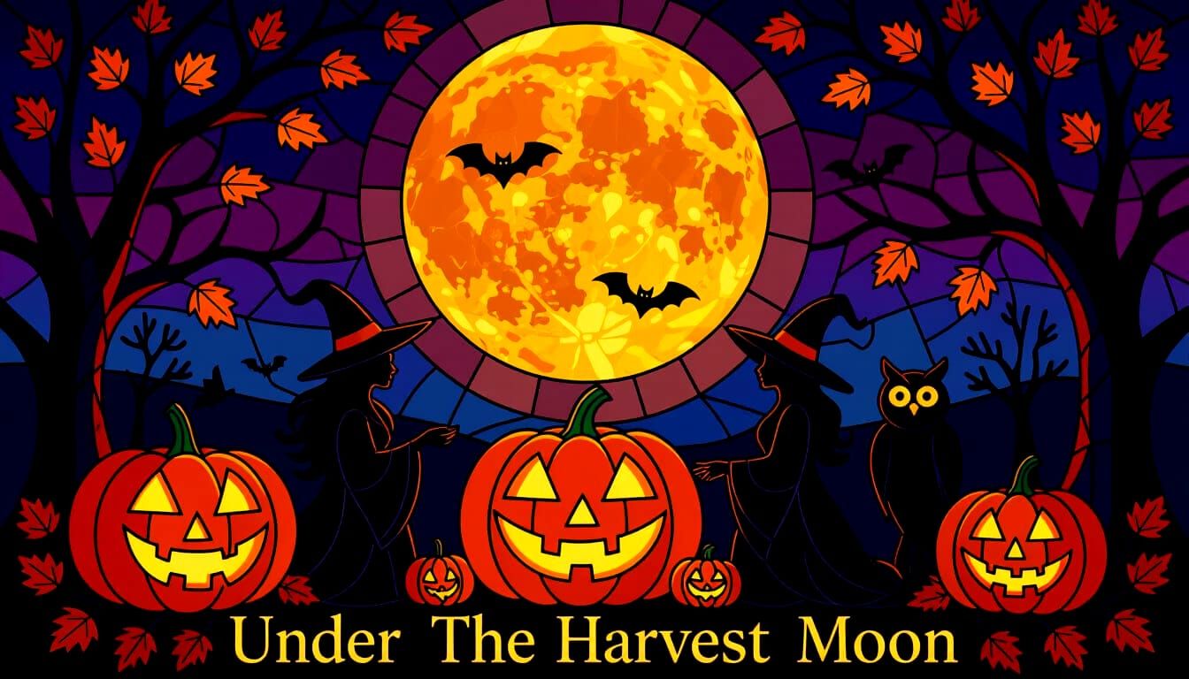 Halloween Celebration Under Harvest Moon in Stained Glass St...