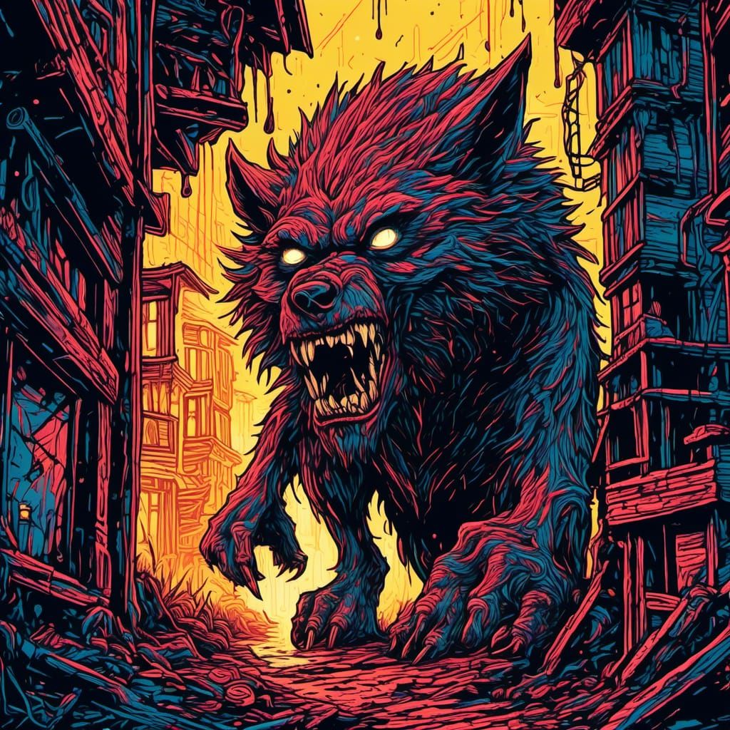 Menacing Werewolf Stalks from Dark Alley in Woodcut
