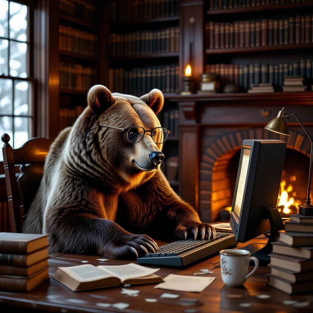 Grizzly Bear Writes Novel at Desk, Digital Matte Painting