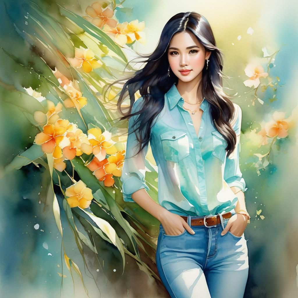 Beautiful Thai Girl in Watercolor Painting