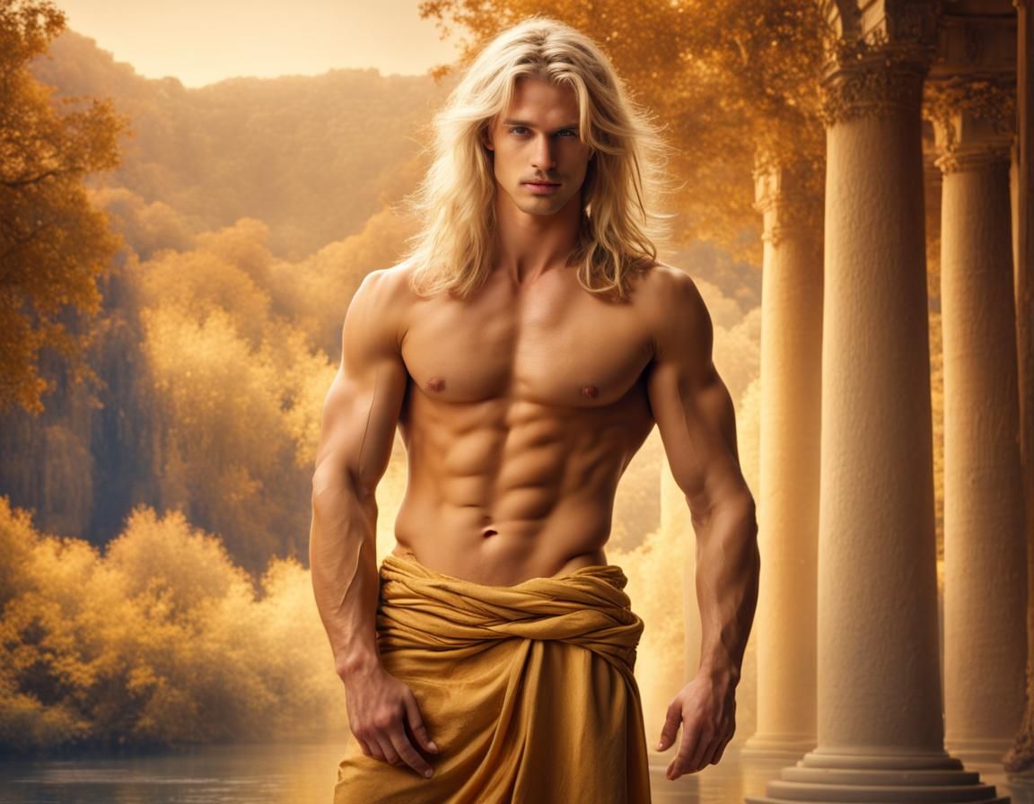 Hyperrealistic Blond Model in Golden Greek Scene