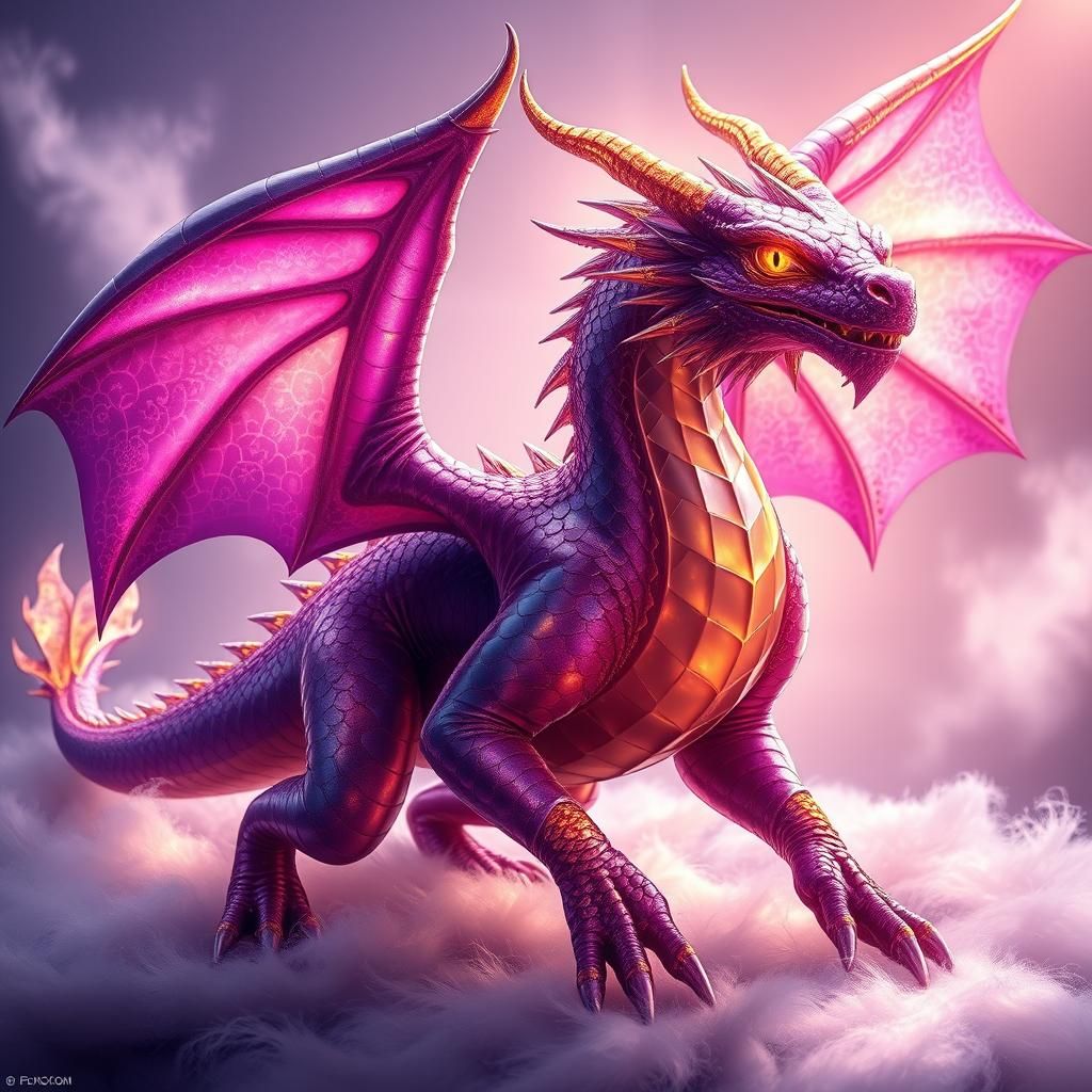 Hyperrealistic Dragon with Fractal Patterns in Purple and Go...