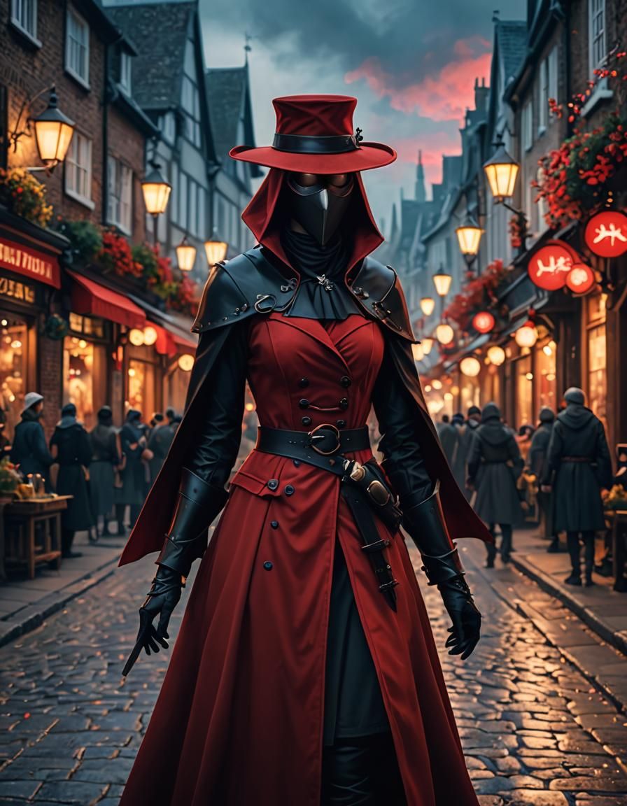 Red Plague Doctor in Medieval London: 3D Anime Art