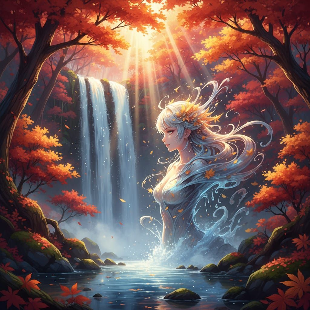 Autumn waterfalls tumble through a vivid forest painted in s...