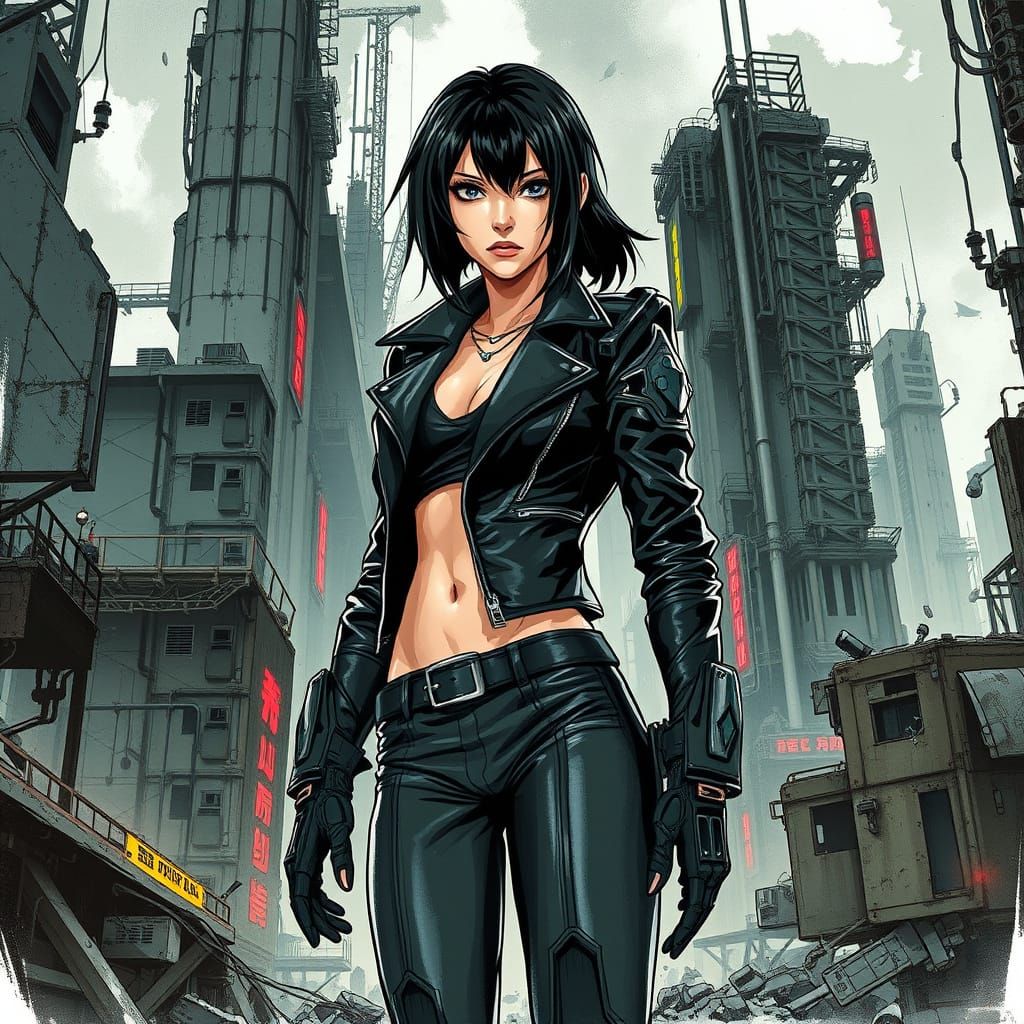 Cyborg Alita in Gritty Dystopian Cityscape