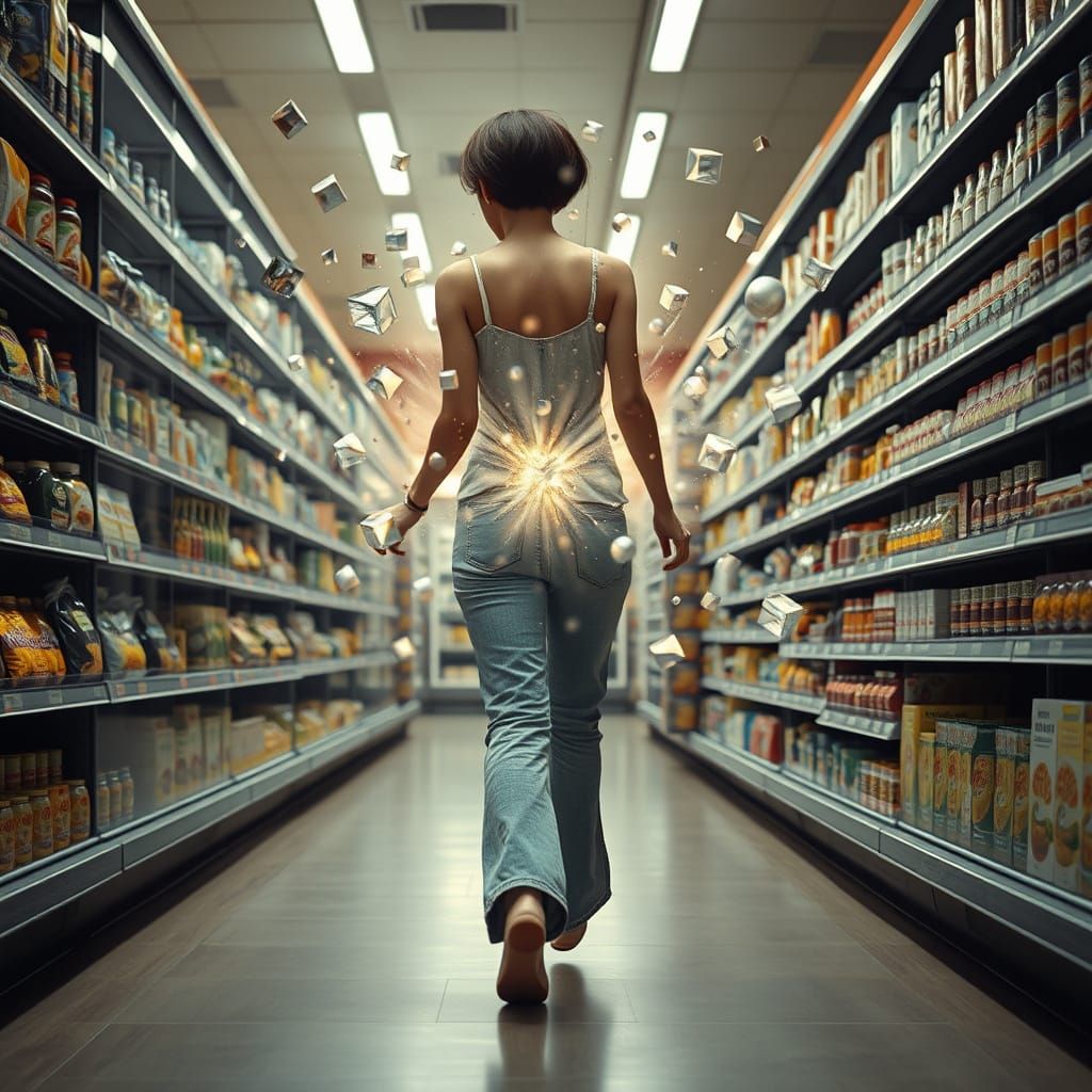 Surrealist Grocery Store Scene with Dissolving Woman and Cel...
