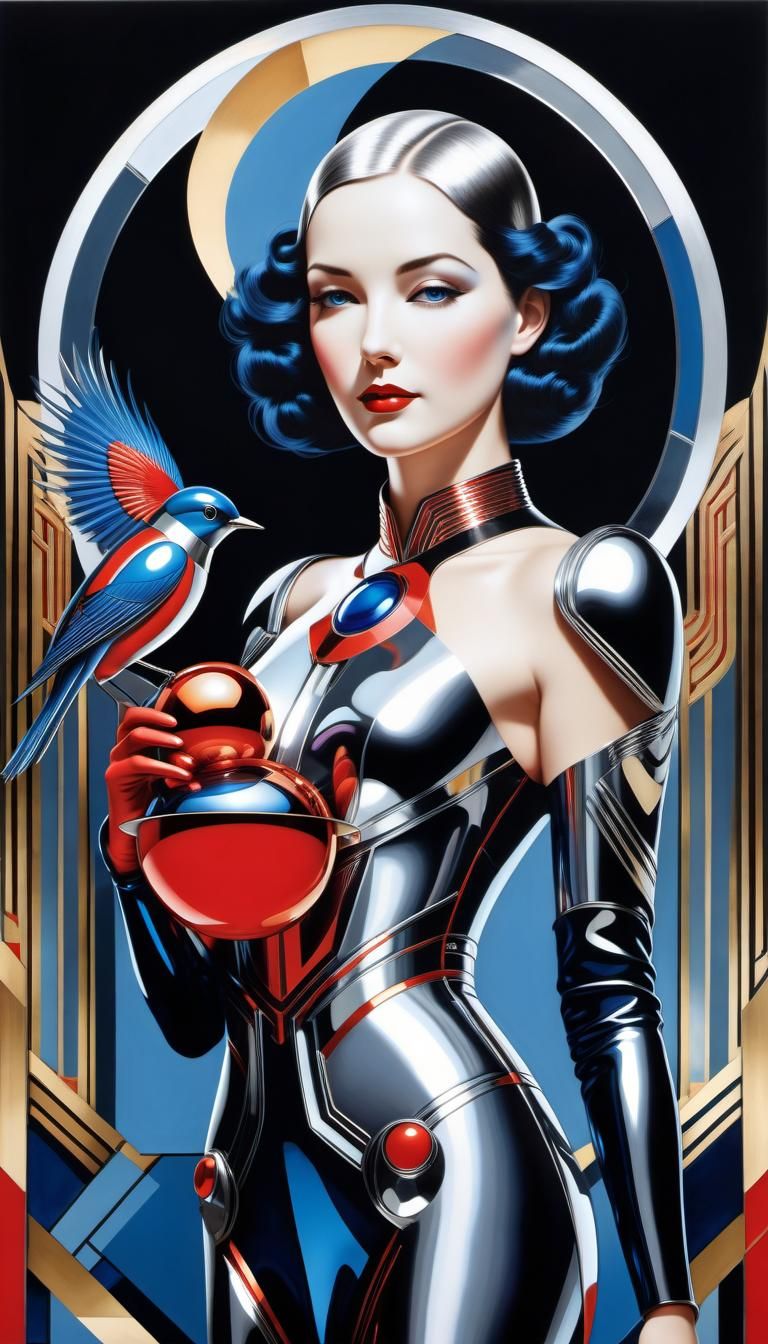 Art Deco Android with Mechanical Bird in City