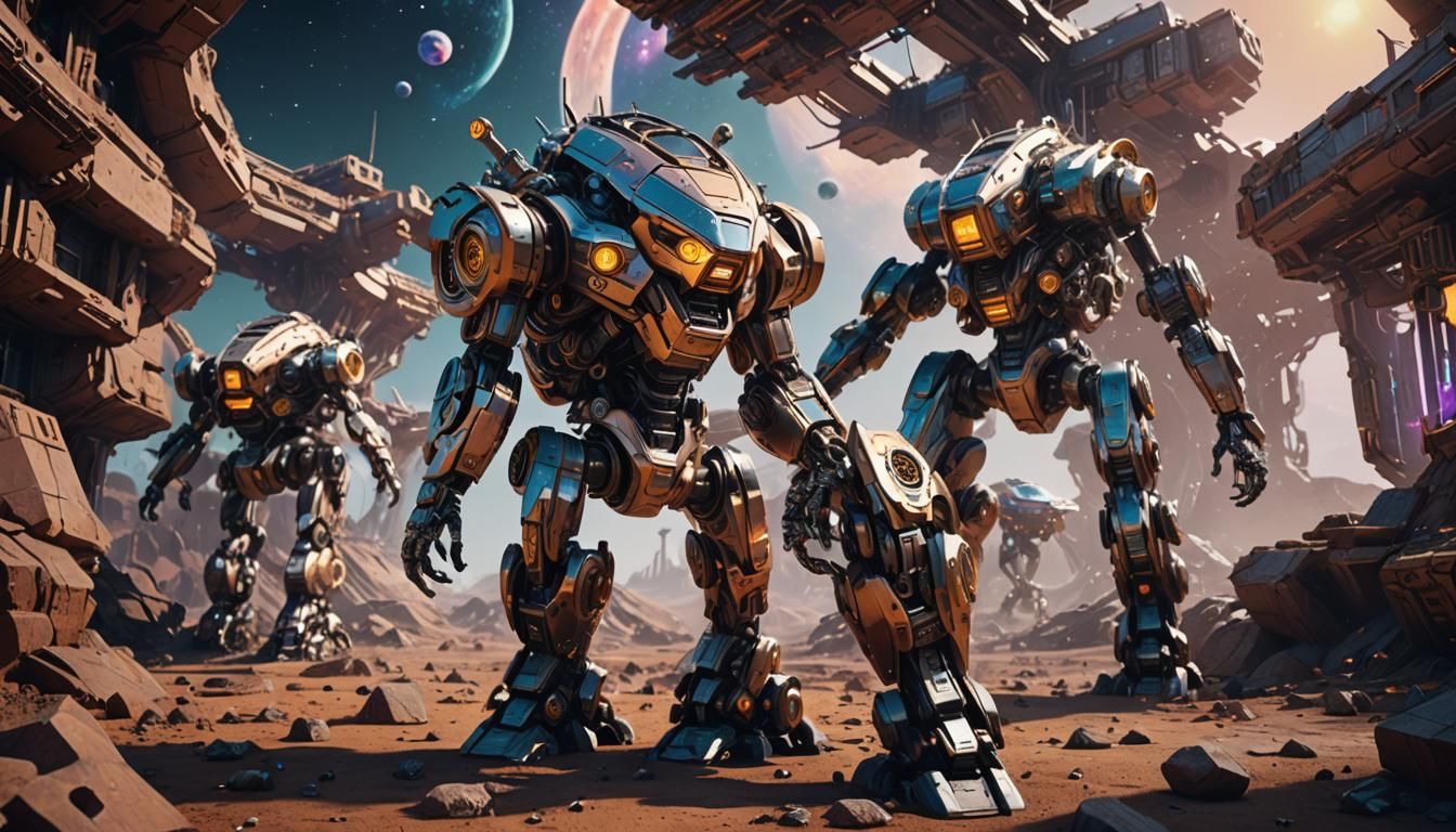 Psychedelic Celestial Mechs in Futuristic Sci-Fi Landscape