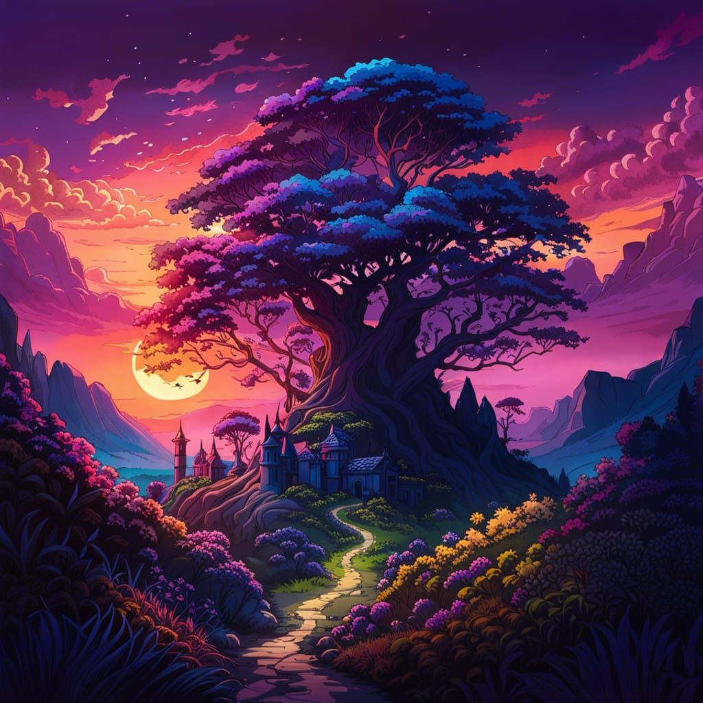 Overgrown Medieval City Sunset in Sci-Fi Style