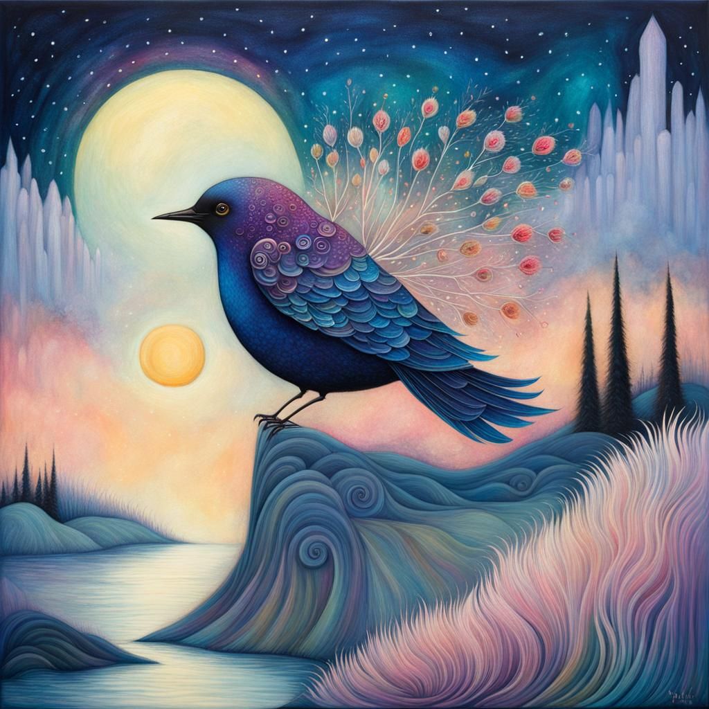 Iridescent Bird in Art Brut Style