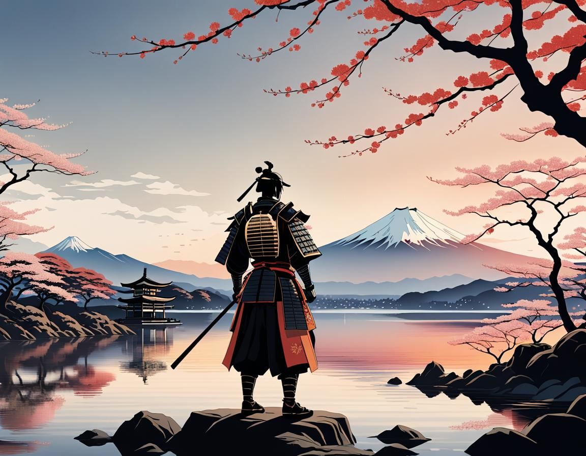 Samurai Silhouette at Sunset: Ukiyo-e Style Print