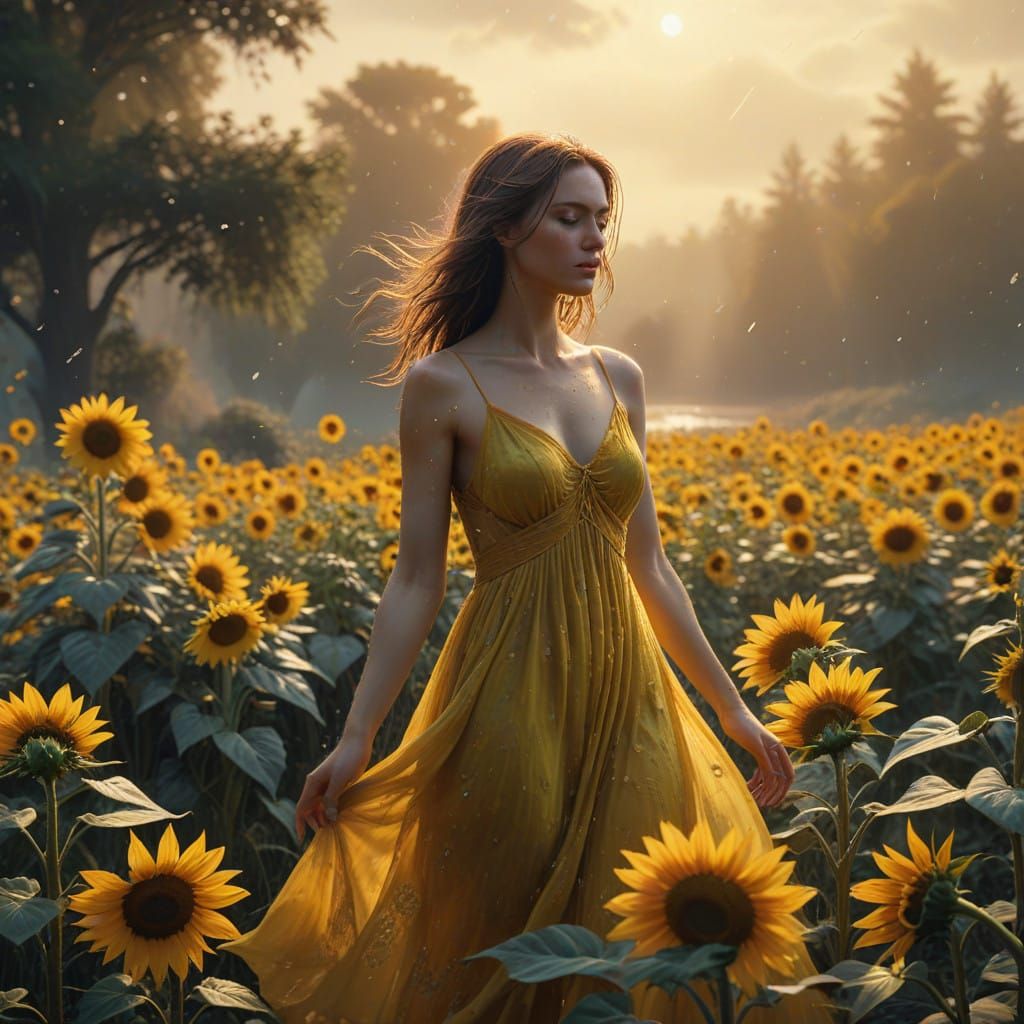 Sunflowers Amidst Gentle Rain in Soft, Watercolor-Like Fog